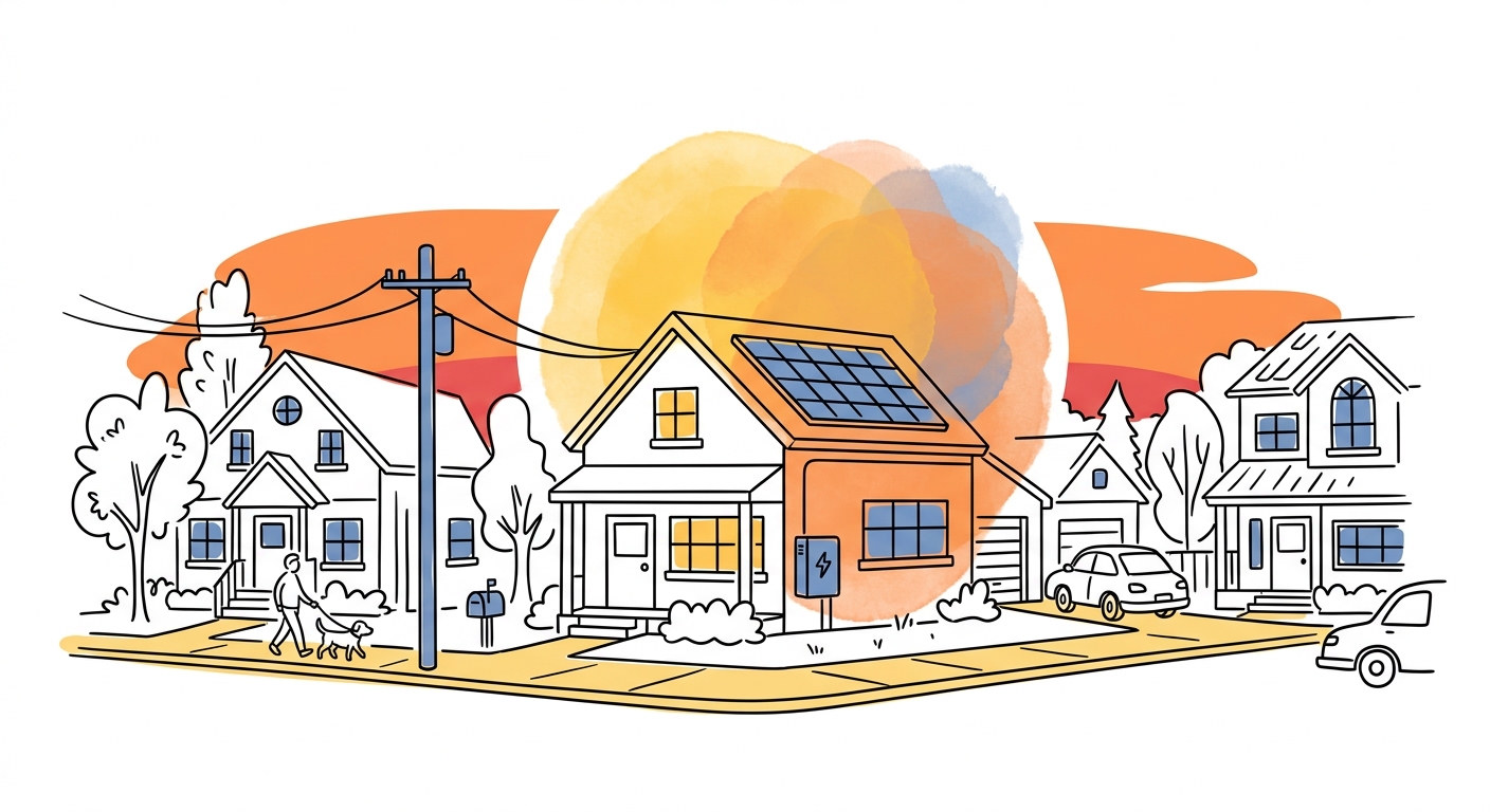 Illustration of a suburban street at sunset, one house with rooftop solar and a home battery